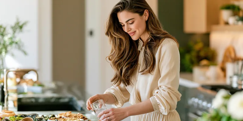 Woman beginning an intentional morning wellness routine in a sunlit kitchen.